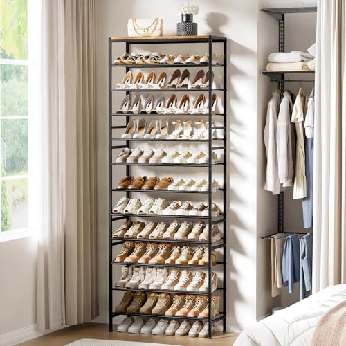 Rustic Brown 12-Tier Metal Shoe Rack with Wooden Top, 40-48 Pairs - UNITSTAGE