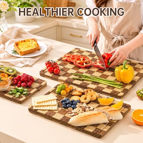 Checkered Bamboo Cutting Board Set - 3 Piece Kitchen Chopping Boards with Holder