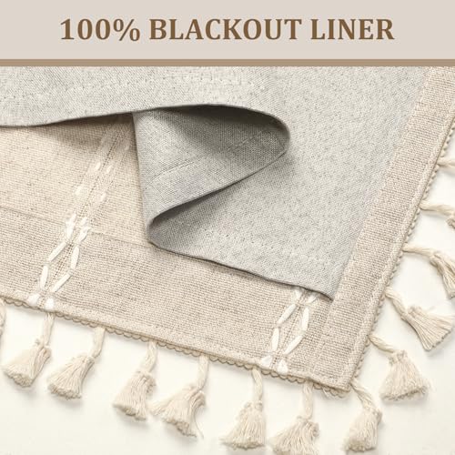 Boho 100% Blackout Curtains 63 Inch 2 Panels Linen Blend Beige