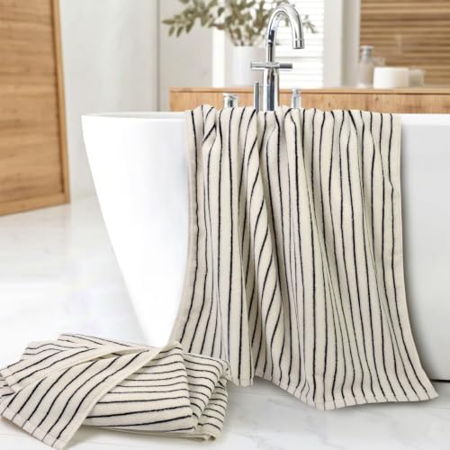 Jacquotha Black & Ivory Striped Bath Towels Set of 2, 27x55in, Quick Dry & Soft