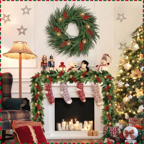 ICX 26-Inch Real Touch Norfolk Pine Wreath for Front Door Christmas Decor