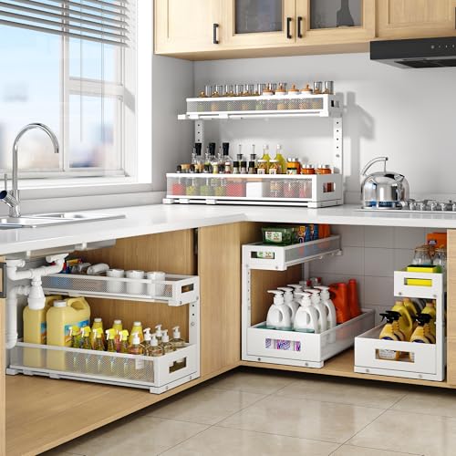 White 2 Pack Under Sink Storage Organizer - 20.47 Inch Depth, 2-Tier Pull-Out Shelves, Adjustable Height