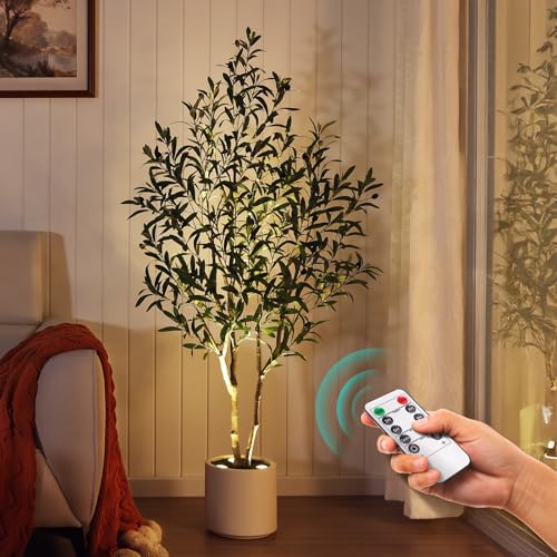 Artificial Olive Tree with LED Spotlights - 5ft Indoor Faux Plant with Rustic Wood Trunk & Remote Control