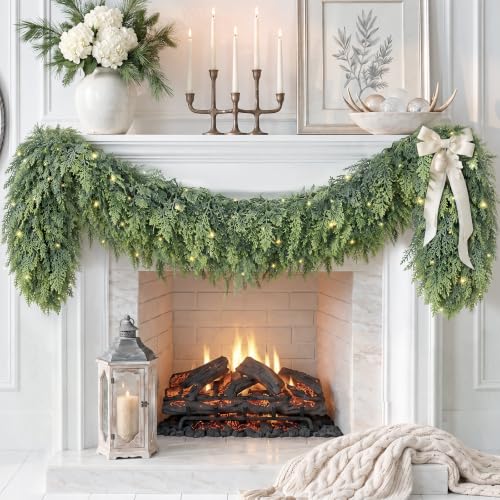 KAI-ROAD 6Ft Prelit Christmas Cedar Garland with Lights 2 Pack Real Touch Decor