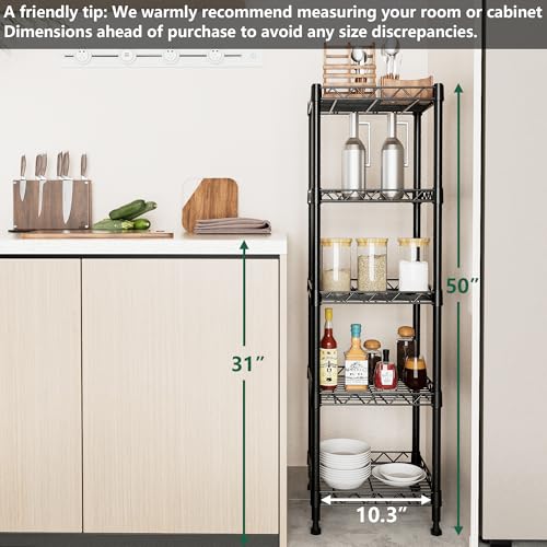 Adjustable 5-Tier Metal Wire Shelving Unit - Black, Narrow Storage Rack