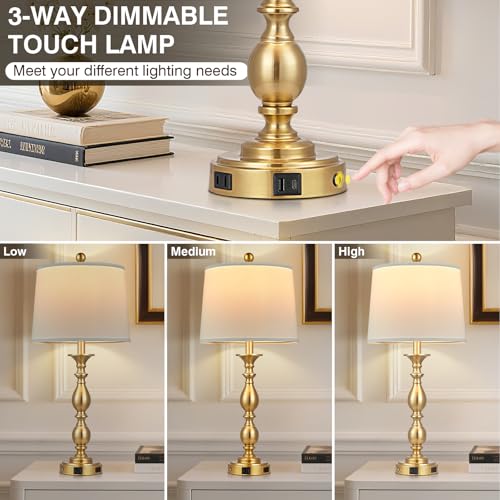 MOUVOVO 28-inch Gold Set of 2 Modern Touch Bedside Table Lamps with USB & Outlet, Farmhouse Nightstand Lamps for Bedroom & Living Room - Includes 2 LED Bulbs