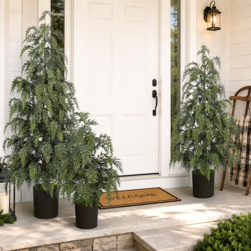 N&T NIETING 3-Pack Artificial Cedar Trees for Outdoors - 2FT, 3FT, 4FT, Realistic Faux Greenery Set, Stable Cement Base, Easy Assembly