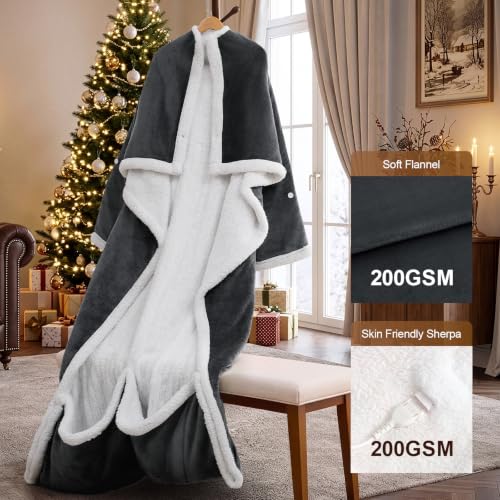 Grey Wearable Heated Blanket with Foot Pockets - 75x50 Inches
