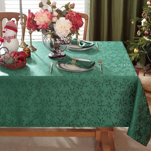SASTYBALE 60x120 in Christmas Tablecloth - Green Jacquard Holly Berries Wrinkle-Free