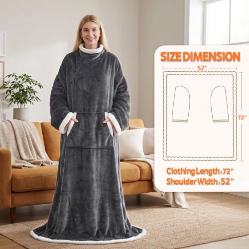 Wearable Heated Blanket with Sleeves & Foot Pockets - Dark Gray, 72"×52"