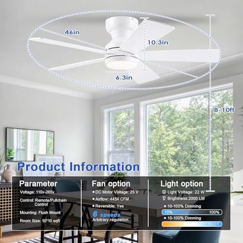 46-Inch Flush Mount Ceiling Fan with Lights - White Modern Fan with Reversible Motor & Dimmable LEDs - Variation: White-New