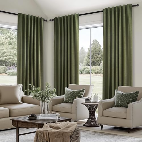 Olive Green Linen Blackout Curtains 84 Inch Pack of 2 for Living Room & Bedroom - Boho Style