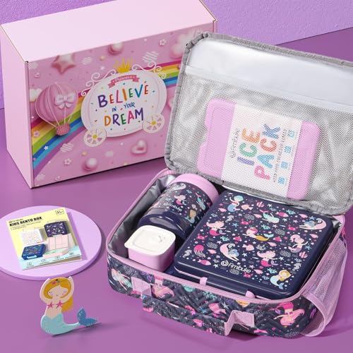 Kids Bento Snack Lunch Box Set with Insulated Toddler Lunch Bag - Mermaid Variation