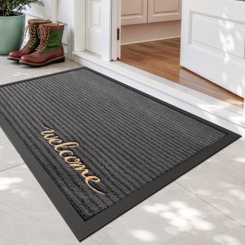DEXI Welcome Grey Front Door Mat 32x48 Rubber Entry Doormat - All-Weather Non-Slip