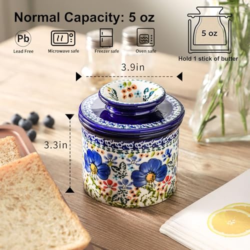 Blue Lily Ceramic Butter Crock with Lid - French Style Countertop Butter Keeper
