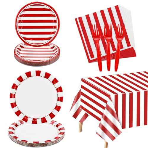 Carnival Circus Party Supplies, Red and White Strips Party Decorations, 81 Pcs Includes Plates, Napkins, Carnival Tablecloth, Forks, for Birthday, Carnival, Baby Shower, Christmas, Picnic, Serves 20