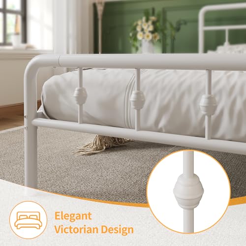 Twin XL Bed Frame with Headboard and Footboard - White Vintage Metal Design