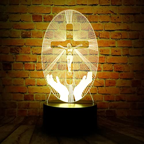 Christ Jesus Cross 3D LED Bedroom Decor Sleep Table Lamp with Remote 7 Colors Visual Night Light Birthday Easter Christian Gift for Religious Women Men Kids Commemorate Present