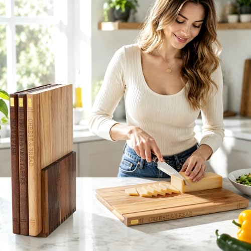 Wnfou Natural Wood Book-Shaped Cutting Board Set with Stand - Home Kitchen Decor