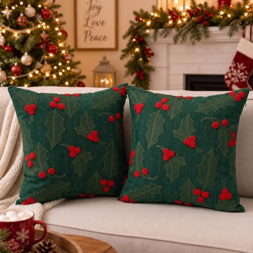 Peryiter 2 Pcs Christmas Throw Pillow Covers 18x18, Holly Berry