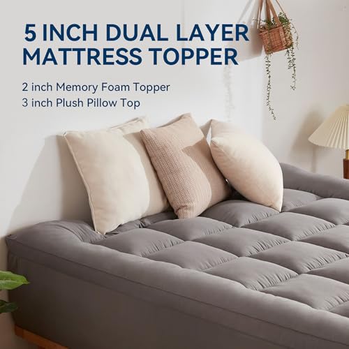 BDEUS Dark Gray Queen Size Dual Layer Memory Foam Mattress Topper with Gel & Down Alternative Quilt
