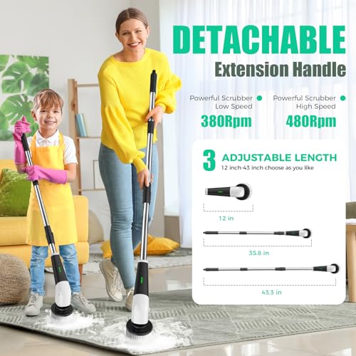 Electric Spin Scrubber Cordless Power Cleaning Brush with Long Handle - White
