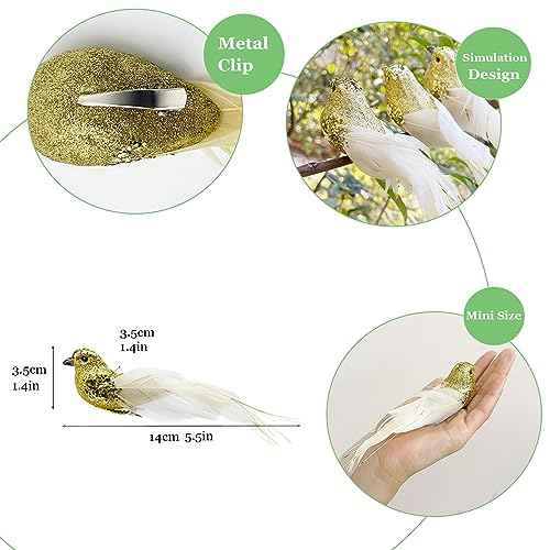 6pcs Gold Glitter Birds Decorations Christmas Tree Clip on Bird Ornaments Sequin Feathered Bird for Wreath Garland Crafts Tree Decor