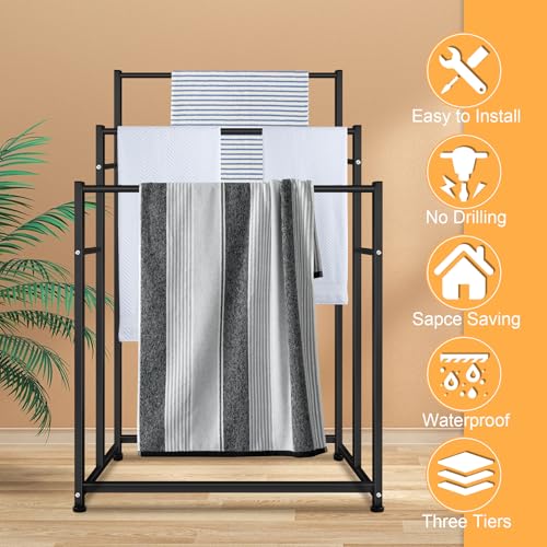 Black 47.6 Inch Tall Freestanding Towel Rack with 3 Tiers for Bathroom & Pool Area