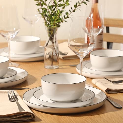 Porcelain Dinnerware Set for 4 - White with Black Rim, 12 Pieces