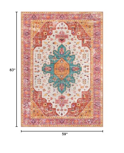 Ultra-Thin Washable Area Rug 5x7 Boho Vintage Medallion Floor Carpet Pink/Teal
