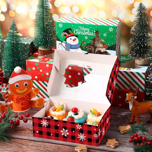 Christmas Bakery Boxes with Window and Festive Designs - Pack of 28