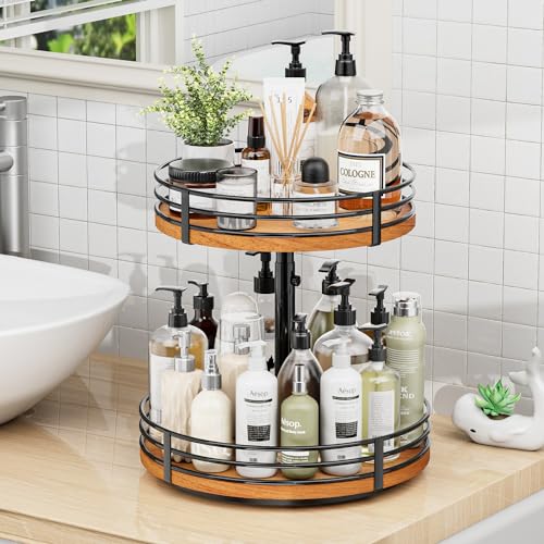 Adjustable 12 Inch 2 Tier Wooden Lazy Susan Turntable Organizer for Kitchen & Home Storage
