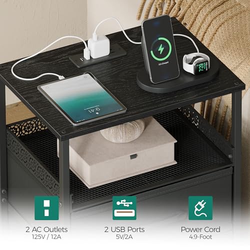 JARHETUN Nightstand Set 2 with Charging Station & RGB LED Lights, 3 Drawers, Black / Power & LED