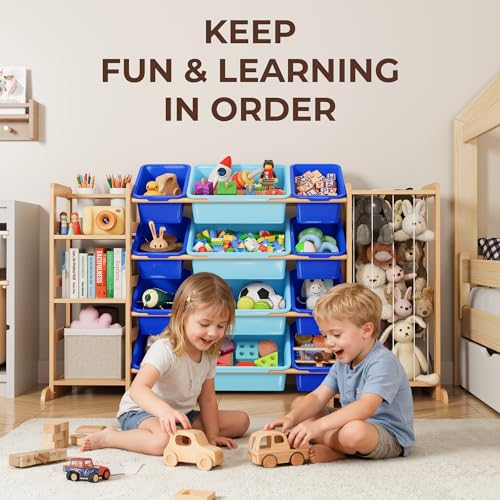 Kids Toy Storage Organizer with Bookshelf & 12 Bins - Blue, 55.2" Wide, 3 Shelves & Toddler Playroom Storage