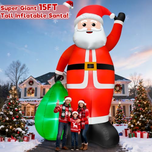 15FT Inflatable Santa Claus with Gift Bag & LED Lights, Outdoor Christmas Decor