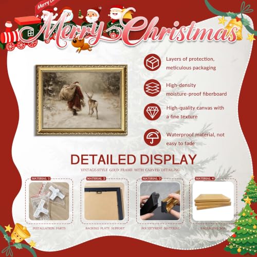 Santa Claus Wall Art with Reindeer Framed Canvas 16x24in Christmas Decor