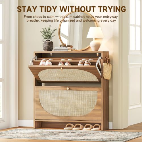 Nicetree Caramel Walnut Rattan Shoe Cabinet with 2 Flip Drawers, Slim Entryway Organizer