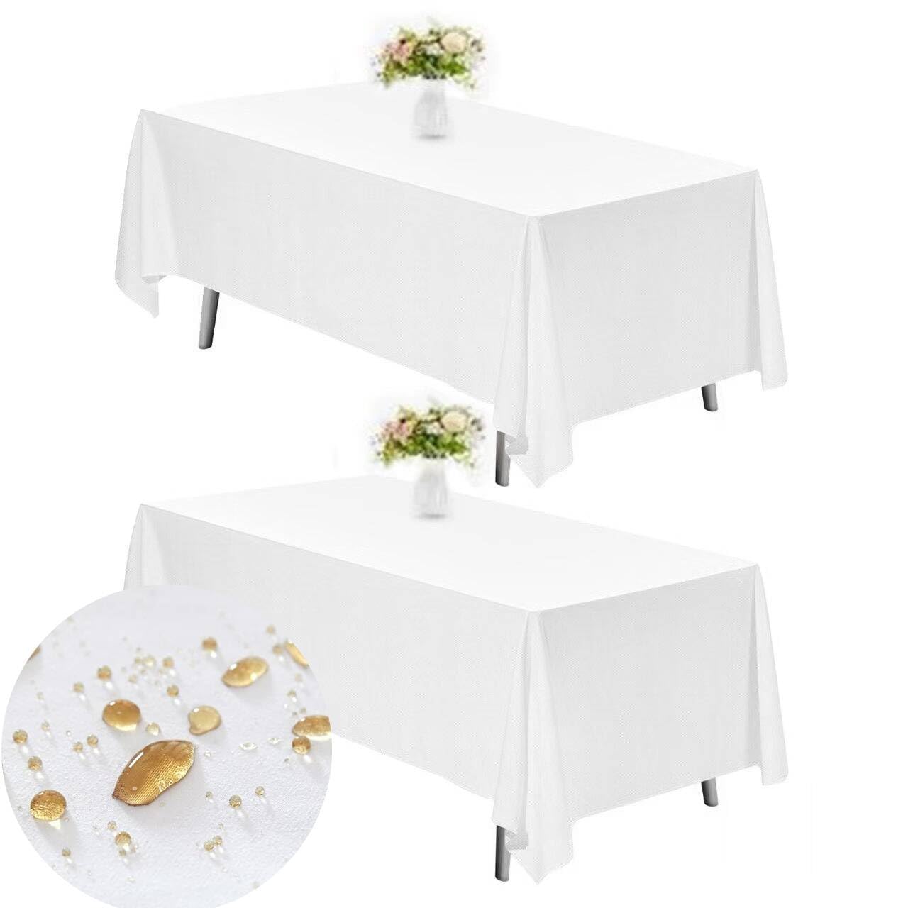 TWINPRET Rectangle Tablecloth 60 x 102 Inch, White Waterproof Washable Polyester Table Cloth - Stain & Oil Resistant Rectangular Table Cover for Banquet & Party (Fits 6 Foot Tables) [2 Pack]