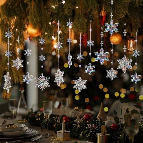 OuMuaMua 12pcs Christmas Crystal Snowflake Ornaments for Christmas Tree Decorations- Iridescent Hanging Acrylic Snowflake Ornaments for Xmas Tree Winter Wonderland Party Decor