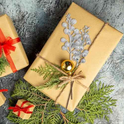 24 Pack 9 Inches Glitter Artificial Berry Stems, 15 Berries per Stem, Christmas Tree Picks Ornaments, DIY Xmas Wreath, Floral Arrangements Home D?cor, Winter Wonderland Decoration (24, Silver, 9 Inch)