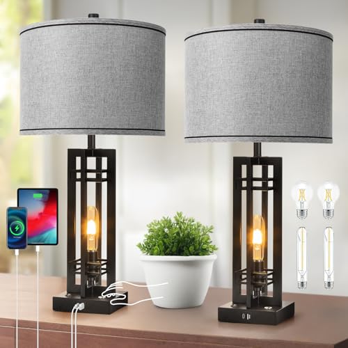 Vikdio 27-Inch Farmhouse Table Lamps Set of 2 with Gray Round Shade & Touch Control