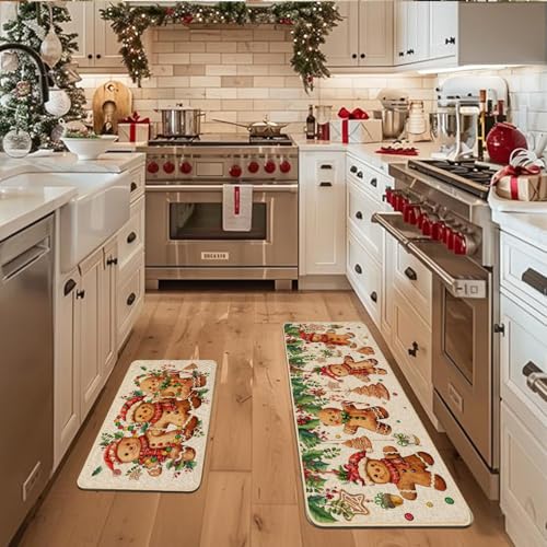 Baccessor Christmas Gingerbread Kitchen Rugs Set of 2 17x29 and 17x47 Non-Slip Mats