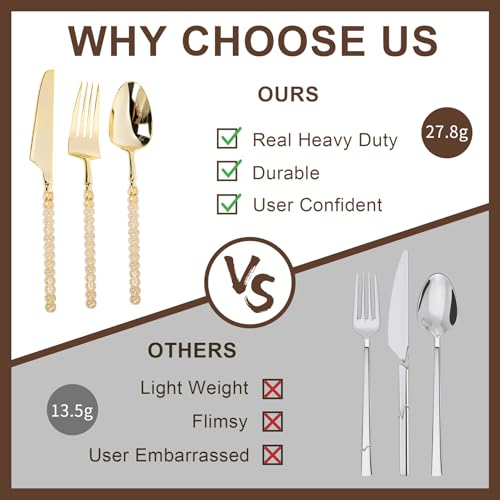 150PCS Heavy Duty Gold Plastic Silverware Set Bead Embellished - Elegant Disposable Utensils
