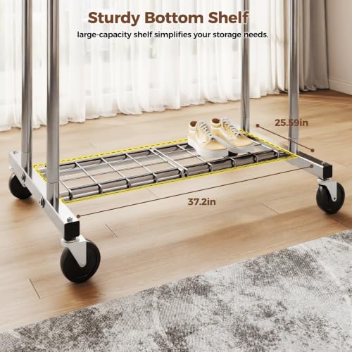 HYSEYY Silver Heavy Duty Rolling Clothes Rack with Shelves - 700LB Capacity