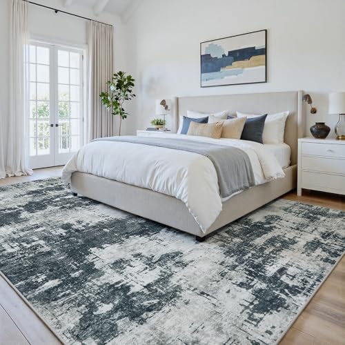 Black 9x12 Area Rug - Washable Soft Abstract Bedroom Carpet - Slim Low-Pile