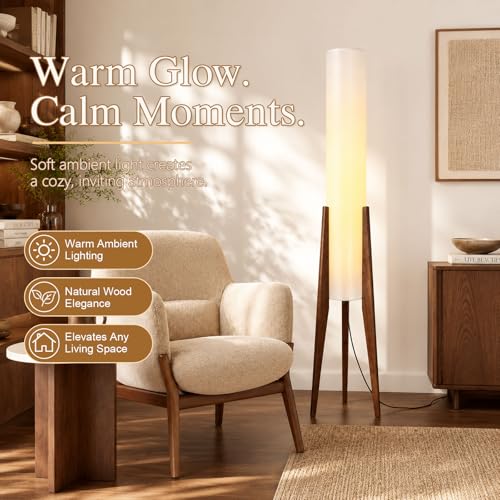 Walnut Wabi-Sabi 50-Inch Wooden Tripod Floor Lamp with Paper Lantern Shade