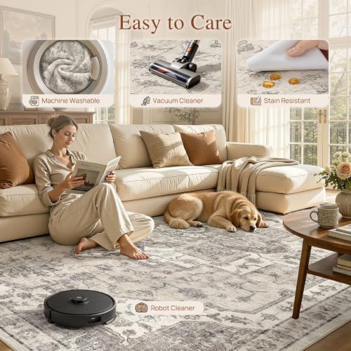 9x12 Beige Washable Vintage Area Rug for Living Room Non-Slip Carpet