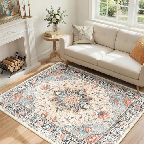 Washable Area Rug 5x7 Feet - Beige, Blue & Orange Vintage Sunflower Pattern