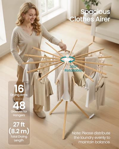 SONGMICS Foldable Clothes Drying Rack with 16 Beech Wood Arms - Rotary Tripod, Space-Saving