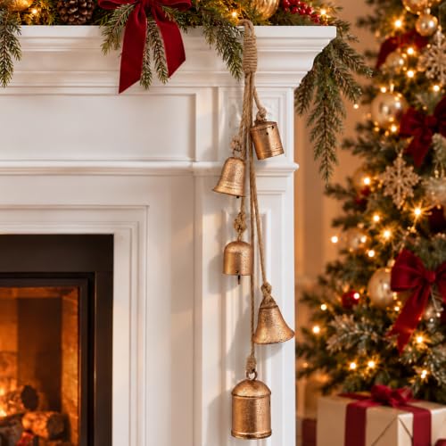 30 Inch Gold Distressed Copper Christmas Bells – Handmade 5-Bell Cluster by Degeyoyo (Rust Gold / 1Pack)